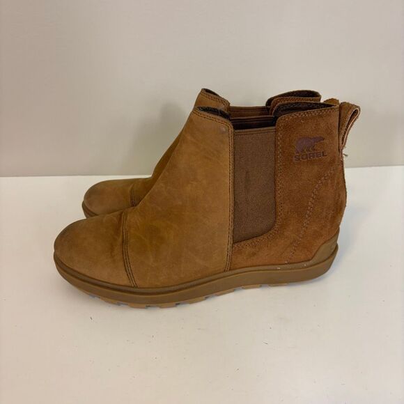 Sorel Chestnut Leather & Suede Ankle Pull On Wedge Booties Size 9 - Picture 4 of 8